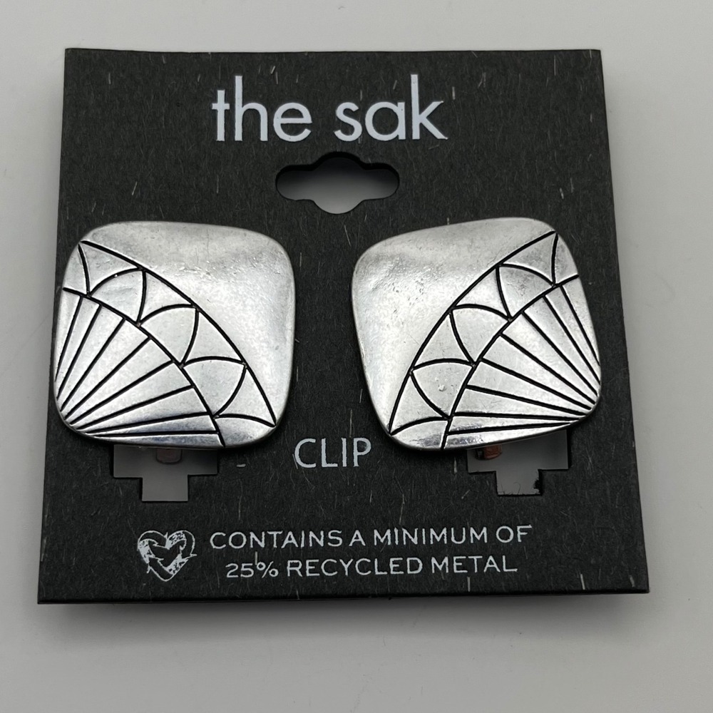 The Sak Silver Tone Square Clip On Earrings Southwestern Design Vintage